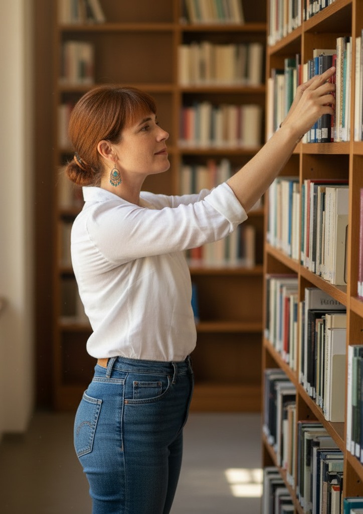Jessica Navarro browsing books in a library